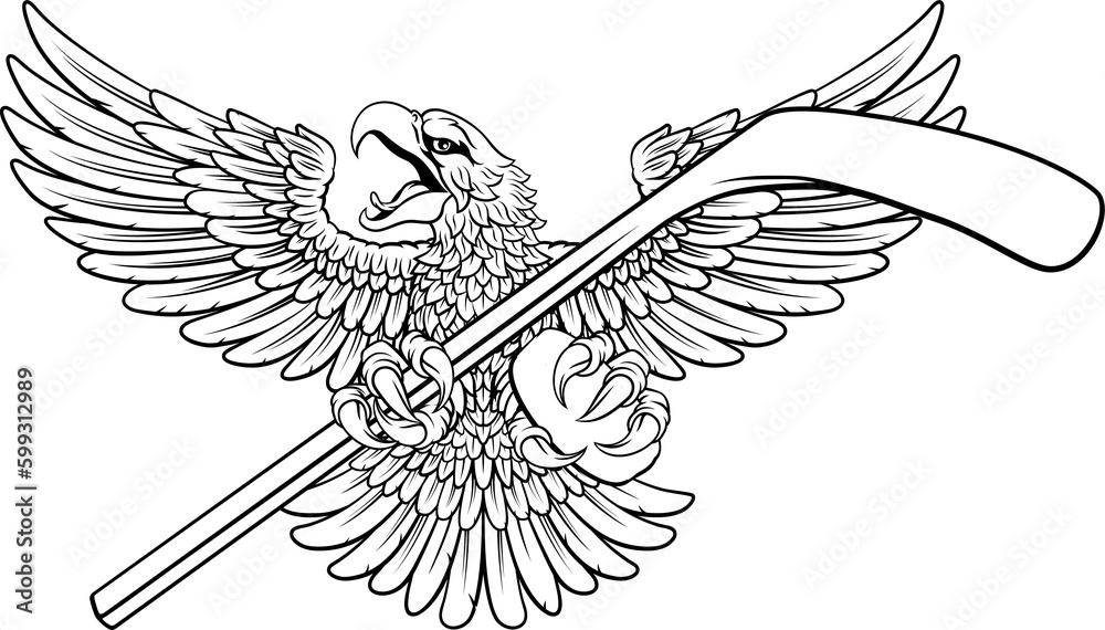 Obraz premium Bald Eagle Hawk Ice Hockey Mascot Stick and Puck