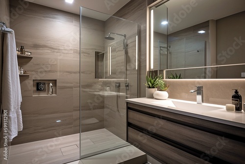 Sophisticated Contemporary Bathroom, Roomy Shower, Elegant Porcelain Tiles, Minimalist Chrome Showerhead, Warm Ambient Lighting.