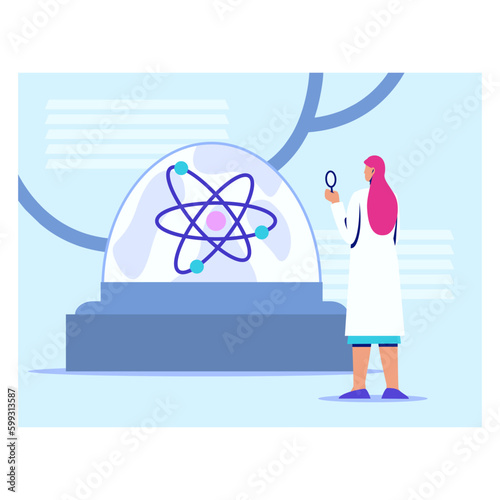 Scientist standing near large flask with emblem of science inside and looking at it