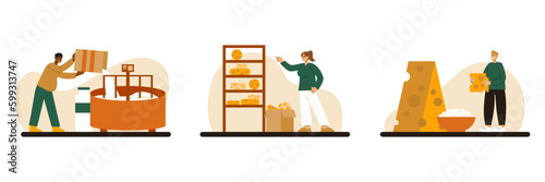 Set of cheese making, product packaging and tasting process with cartoon characters