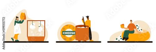 Set of cheese making and tasting process in factory with cartoon workers