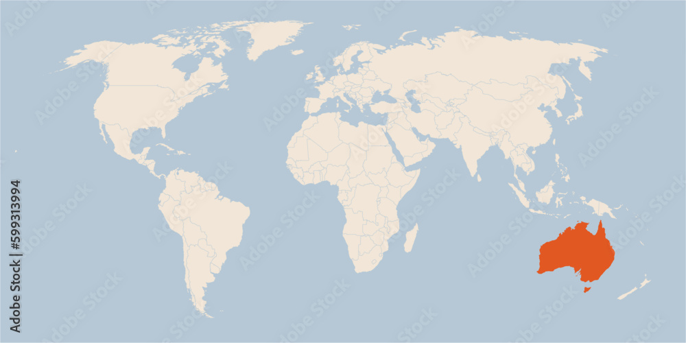Vector map of the world in pastel colors with the country of Australia highlighted highlighted in orange.
