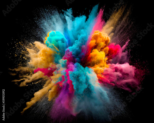 Color powder explosion of color cloud ink. Paint splash colorant with dye smoke blend background. Creative color ink or paint drips splash, color powder explode. Abstract background generative ai