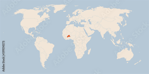 Vector map of the world in pastel colors with the country of Burkina Faso highlighted highlighted in orange.
