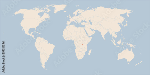 Vector map of the world in pastel colors with the country of Burundi highlighted highlighted in orange.