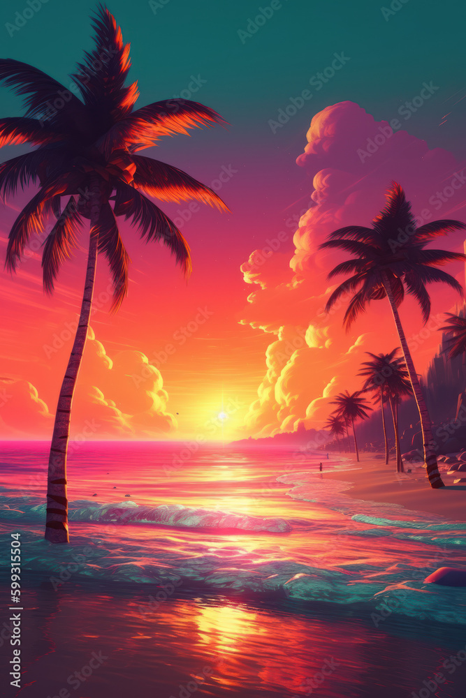 Tropical beach and palm tree background. Retro tone color style. Summer vacation concept. Generative ai.