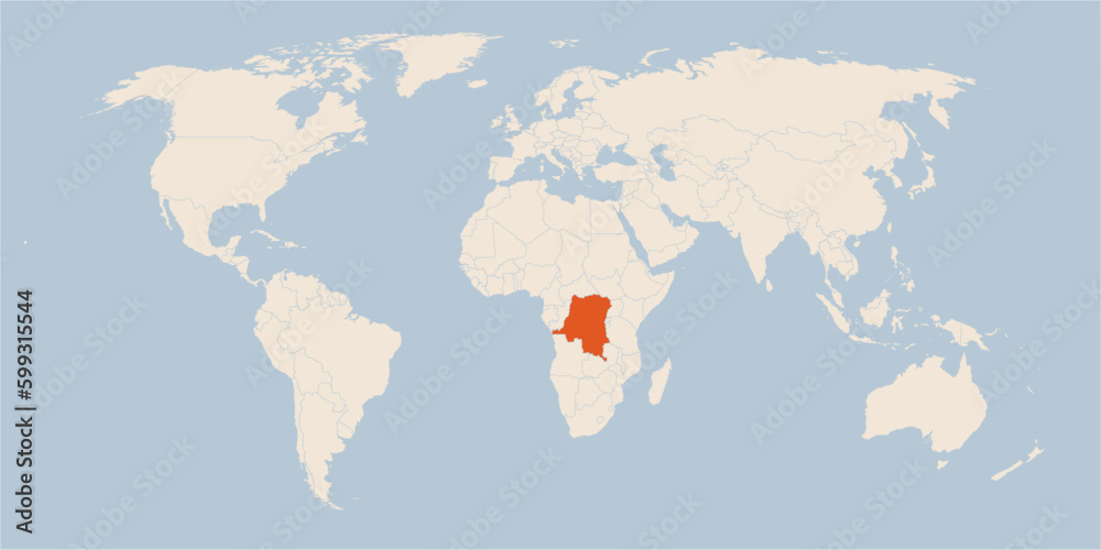 Vector map of the world in pastel colors with the country of Democratic Republic of the Congo highlighted highlighted in orange.