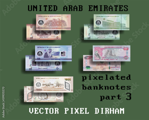 Vector set of pixelated mosaic banknotes of the United Arab Emirates, in denominations of 5, 10, 50, 100 and 1000 dirhams. Obverse and reverse of paper and plastic bills. Part Three.