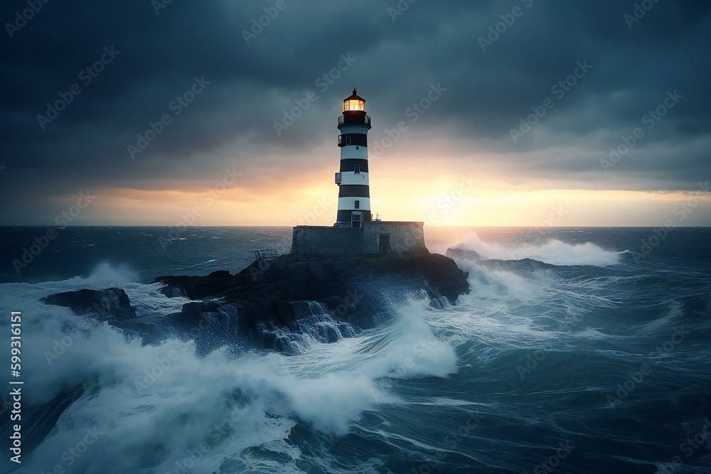 A lighthouse in the island at night. Lighthouse Beam. Stormy Landscape. Generative AI