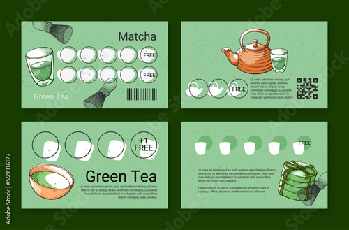 Green tea matcha loyalty card for collect sticker get free engraved design template set vector