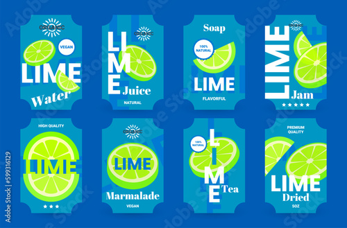 Organic lime natural juice soap water tea jam marmalade dried fruit label design set vector