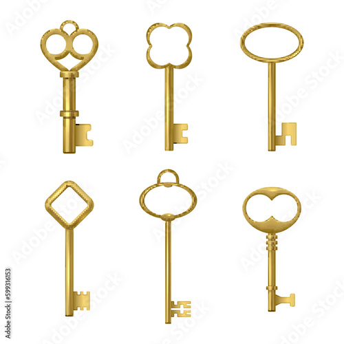 Vintage golden keys different shape luxury antique ornate for unlock set realistic vector