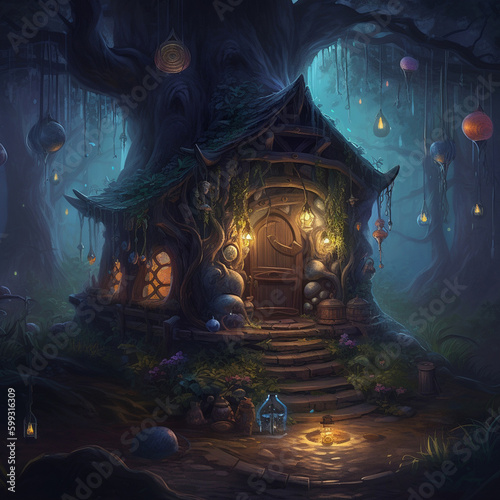 A beautiful fairy-tale illustration with a lonely wizard's hut deep in the forest thicket. A lot of small lights around illuminate the hut at night. Fabulous landscape Generative AI © NeuroSky