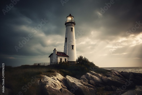 A lighthouse on the island at twilight. Lighthouse Beam. Stormy Landscape. Generative AI © Snapshooter