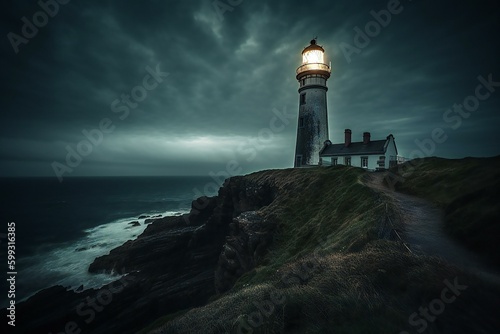 A lighthouse on the island at twilight. Lighthouse Beam. Stormy Landscape. Generative AI