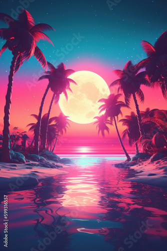 Tropical beach and palm tree background. Retro tone color style. Summer vacation concept. Generative ai.