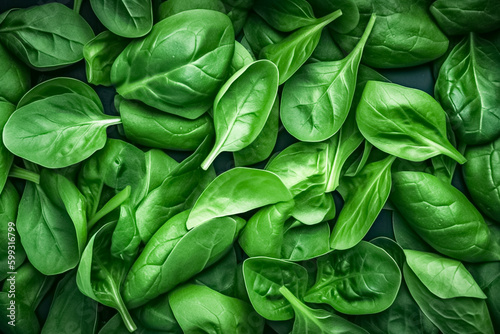 Top view on fresh organic spinach leaves. Healthy green food and vegan background. generative ai