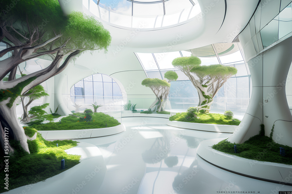 a modern futuristic white inhouse garden with bonsai planting a modern futuristic white inhouse garden with bonsai planting