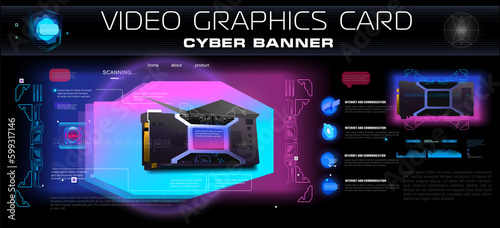 Realistic video card for computer on  futuristic background. Cyberbanner with graphic digital model of video card. Realistic graphics card for mining or video games
