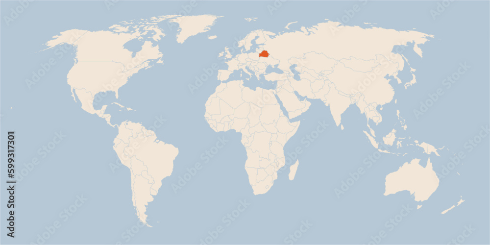 Vector map of the world in pastel colors with the country of Belarus highlighted highlighted in orange.