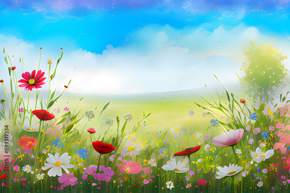 Summer meadow with flowers and grass. AI Generative