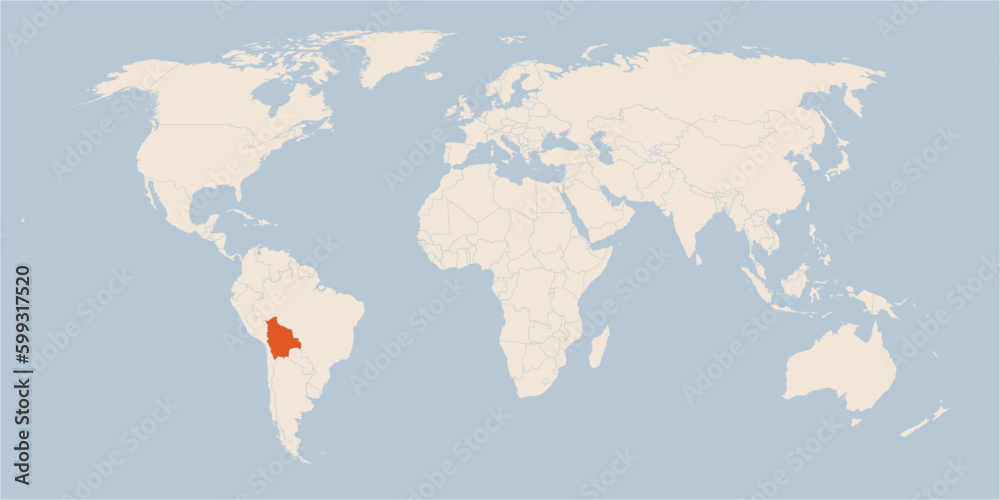 Vector map of the world in pastel colors with the country of Bolivia highlighted highlighted in orange.