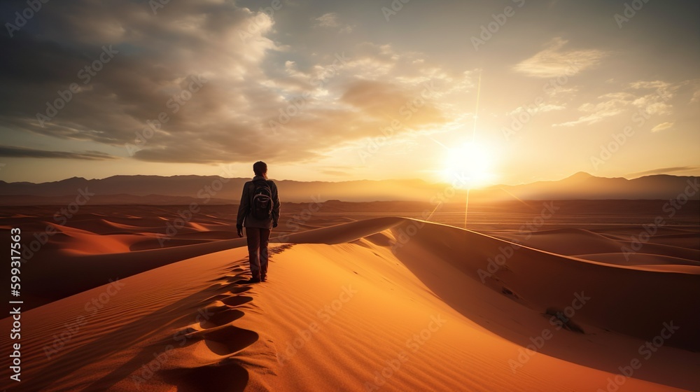 Hiker man walking in the desert sand dunes at sunset - Happy traveler with arms up enjoying freedom outside - Wanderlust, wellbeing, happiness and travel concept. - obrazy, fototapety, plakaty 
