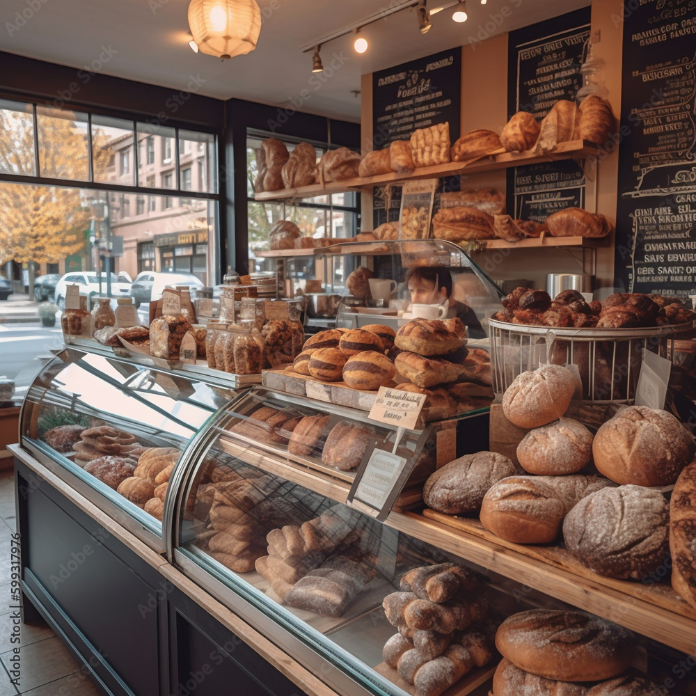 A panoramic shot of a bakery storefront, with a display case full of artisanal bread, pastries, and cakes, and a chalkboard sign advertising daily specials - Generative AI