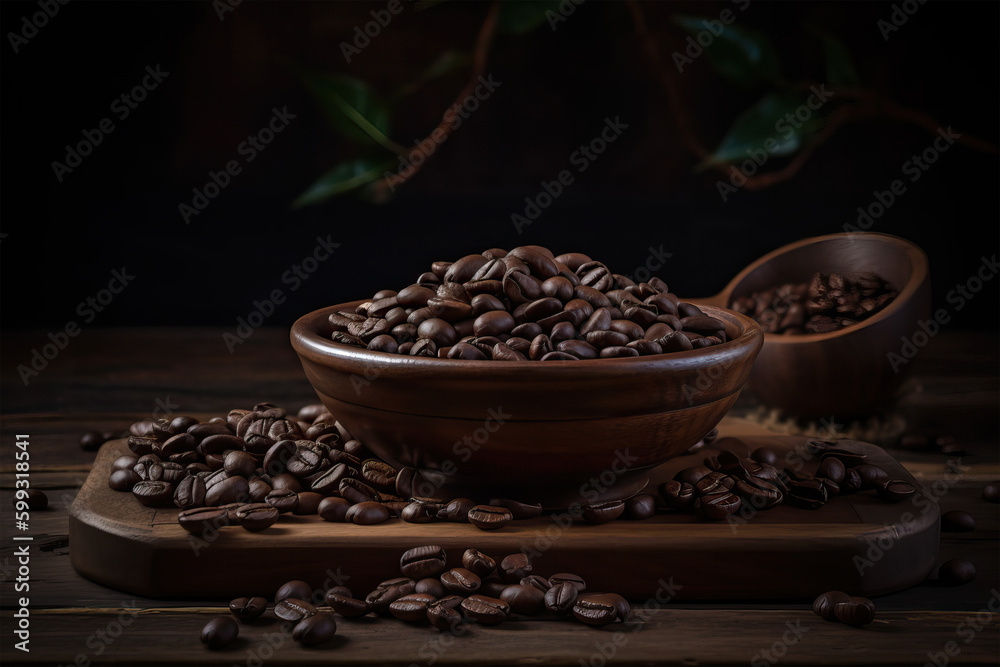 Roasted coffee beans in a bowl on dark background. Generative AI Roasted coffee beans in a bowl on dark background. Generative AI
