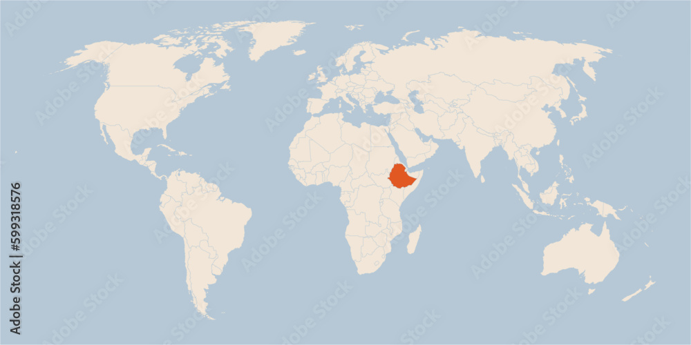 Vector map of the world in pastel colors with the country of Ethiopia highlighted highlighted in orange.