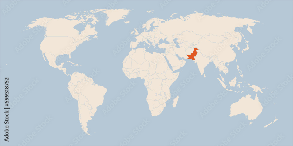 Vector map of the world in pastel colors with the country of Pakistan highlighted highlighted in orange.