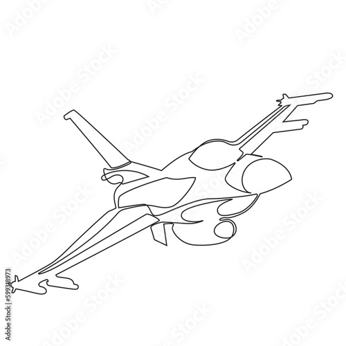 Fighter jet F-16 air force plane one line continuous drawing vector illustration. Army combat bomber, fighter plane line art. F-16 jet NATO military tactical bomber with missiles. Airforce aviation.