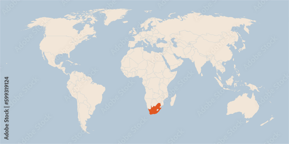 Vector map of the world in pastel colors with the country of South Africa highlighted highlighted in orange.