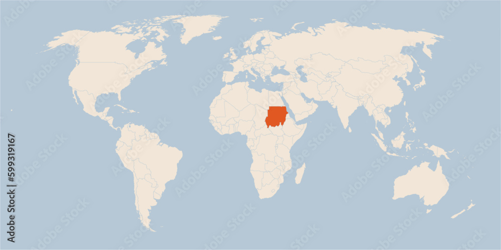 Vector map of the world in pastel colors with the country of Sudan highlighted highlighted in orange.