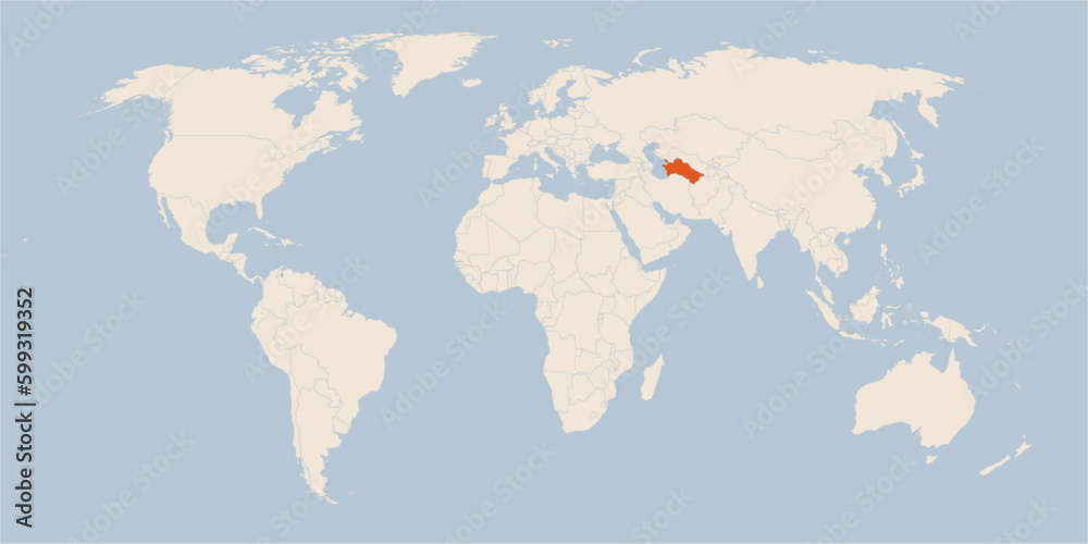 Vector map of the world in pastel colors with the country of Turkmenistan highlighted highlighted in orange.