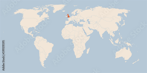 Vector map of the world in pastel colors with the country of United Kingdom highlighted highlighted in orange.