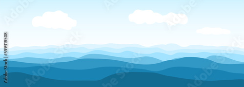 Blue ocean or sea waves. Realistic vector ocean waves and sky with clouds on wide background. Abstract blue sea waves. Vector illustration