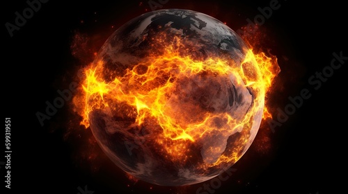 Der Planet Erde steht in Flammen vor einem schwarzen Hintergrund, das Feuer leuchtet hell und orange vor einem schwarzen Hintergrund