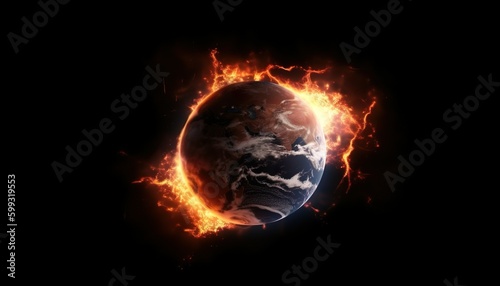 Der Planet Erde steht in Flammen vor einem schwarzen Hintergrund  das Feuer leuchtet hell und orange vor einem schwarzen Hintergrund