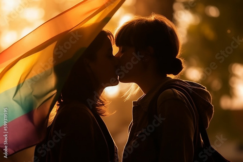 Silhouette of two lesbians kissing outdoor at summer. Generative AI