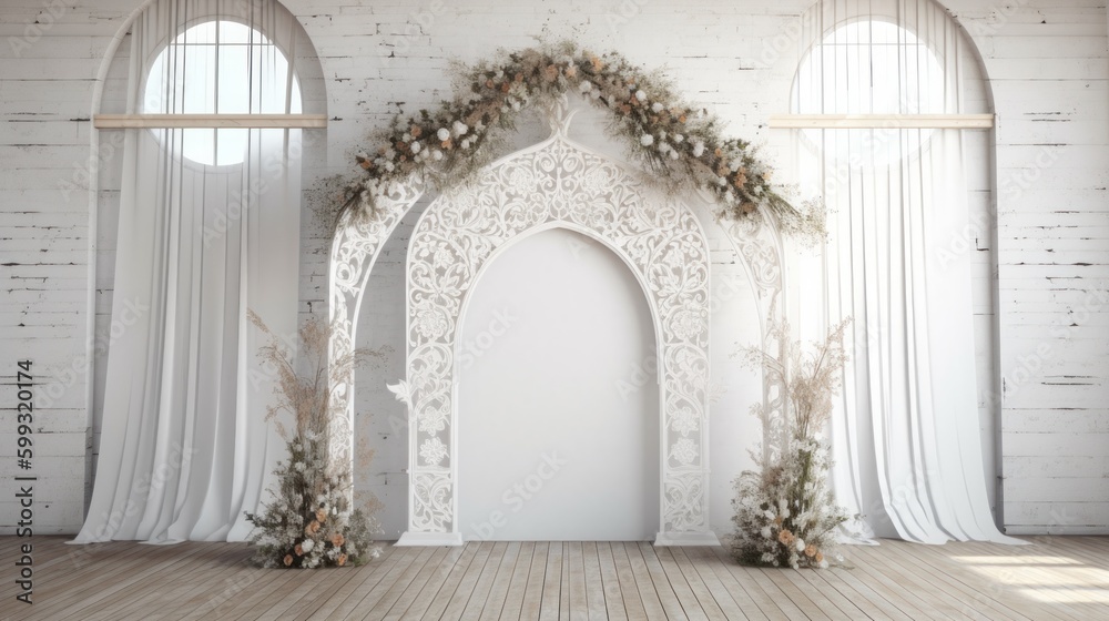 Wedding backdrop aesthetic flower wreath decoration indoor white background AI Generated Wedding backdrop aesthetic flower wreath decoration indoor white background AI Generated