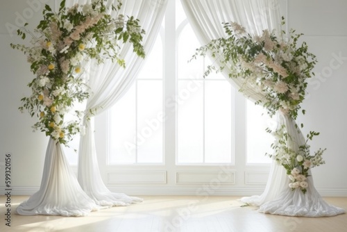 Wedding backdrop aesthetic flower wreath decoration indoor white background AI Generated