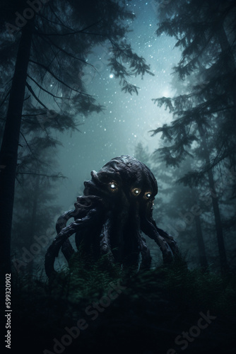 lovecraftian monster in forest, giant, evil creature. Cthulhu. Generative AI © Snowboy