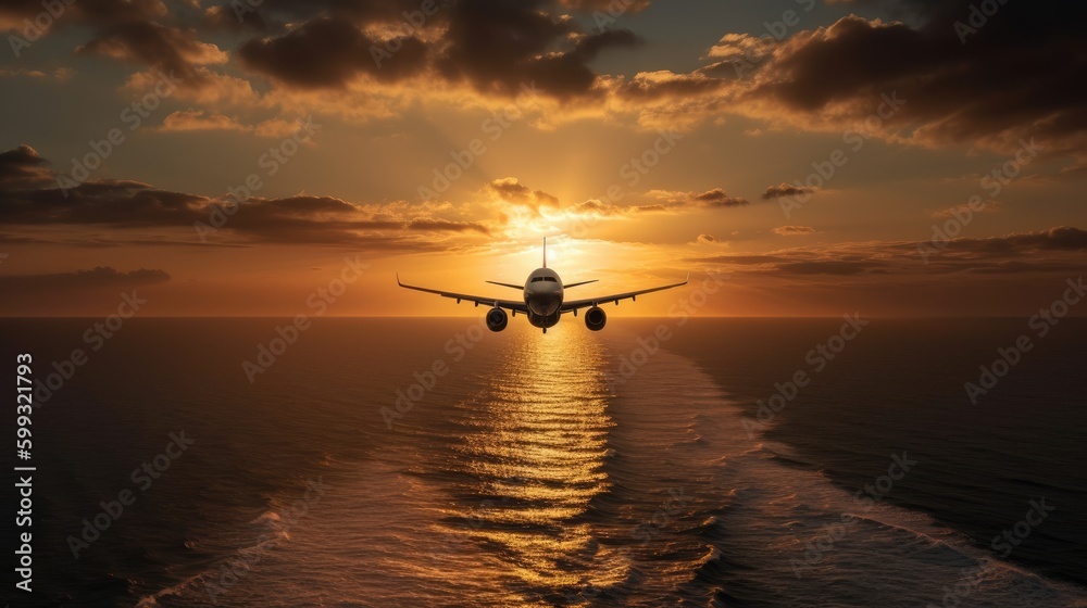 Ein Flugzeug fliegt über dem Meer vor wunderschönem Sonnenaufgang, Generative AI