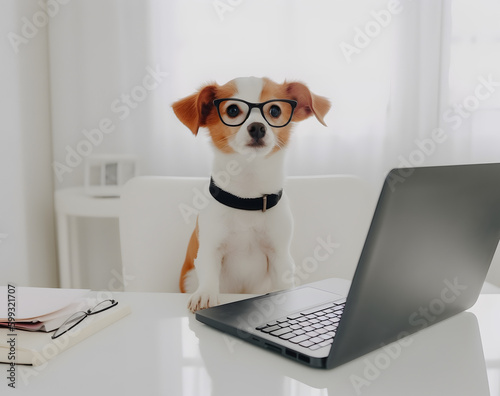 Busy jack russell terrier dog with eyeglasses. Concept of hardworking pet officer. © May