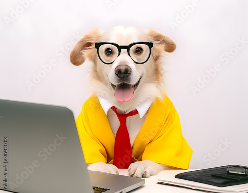 Smiling labrador retriever dog with eyeglasses. Concept of hardworking pet.