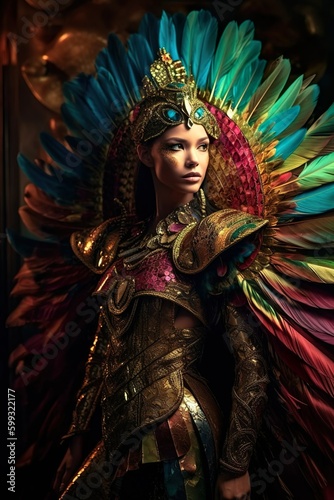 Beautiful asian model in a gorgeous colorful costume with large feathers and glittering pailettes inspired by venetian carnival, fashion photography, generated with AI