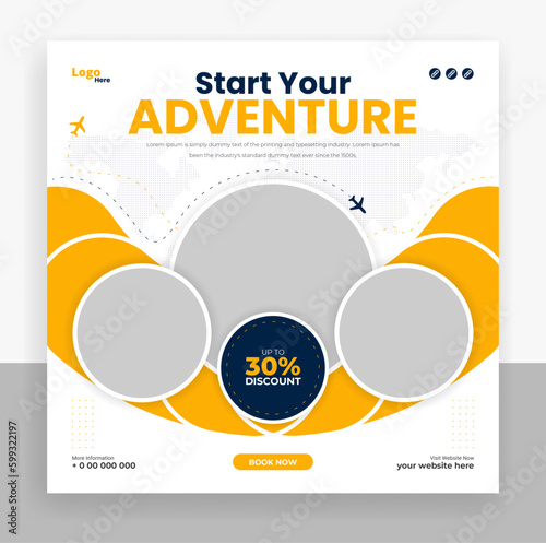 Traveling social media post banner template design, Tour travel holiday tourism marketing social media post