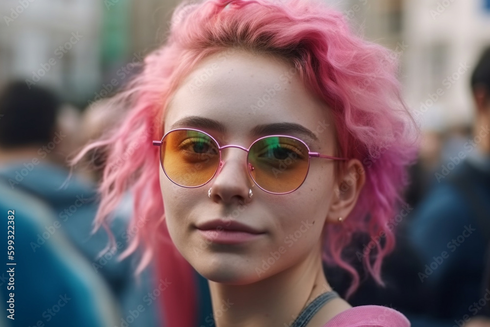 Lesbian girl with hair dyed in the color of the lgbt flag. Generative AI Lesbian girl with hair dyed in the color of the lgbt flag. Generative AI