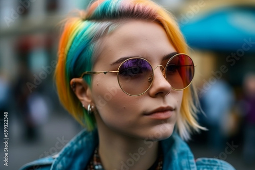 Hipster lesbian girl with hair dyed in the color of the lgbt flag. Generative AI